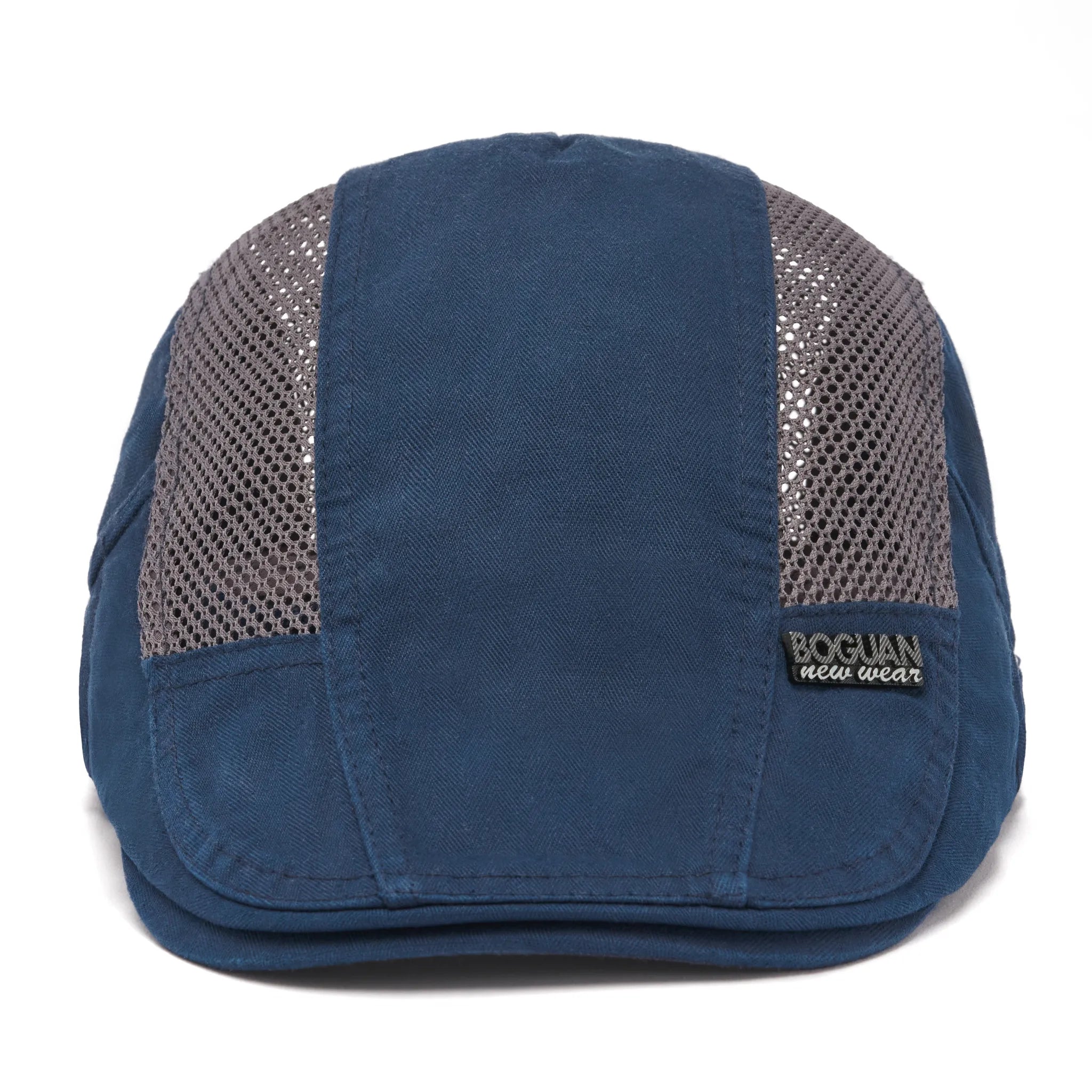 Bască subțire de vară, bleumarin, cu plasă pe laterale și închizători reglabile, din față..
