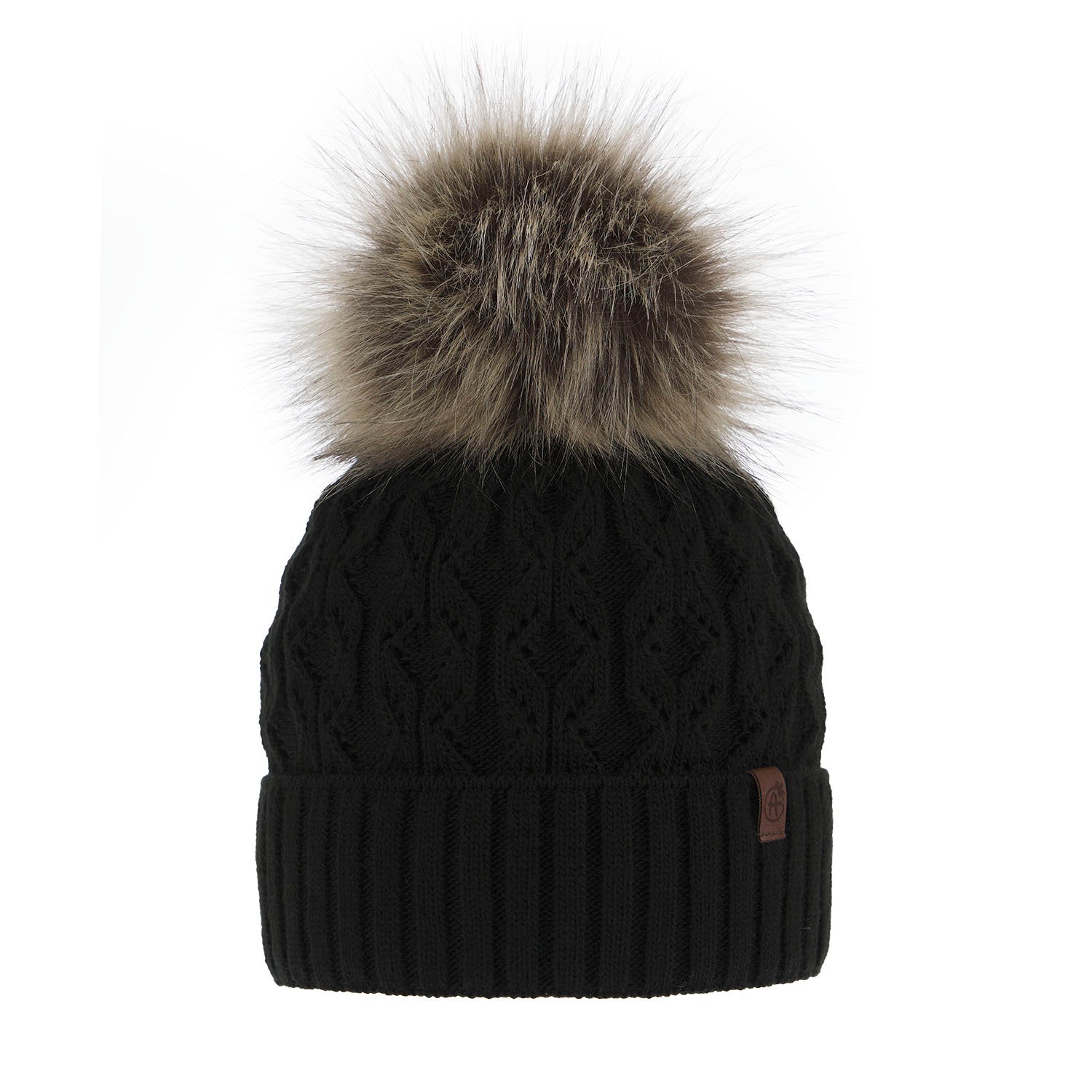 Caciula neagra din lana merinos, tricotata cu model impletit si pompon voluminos.

