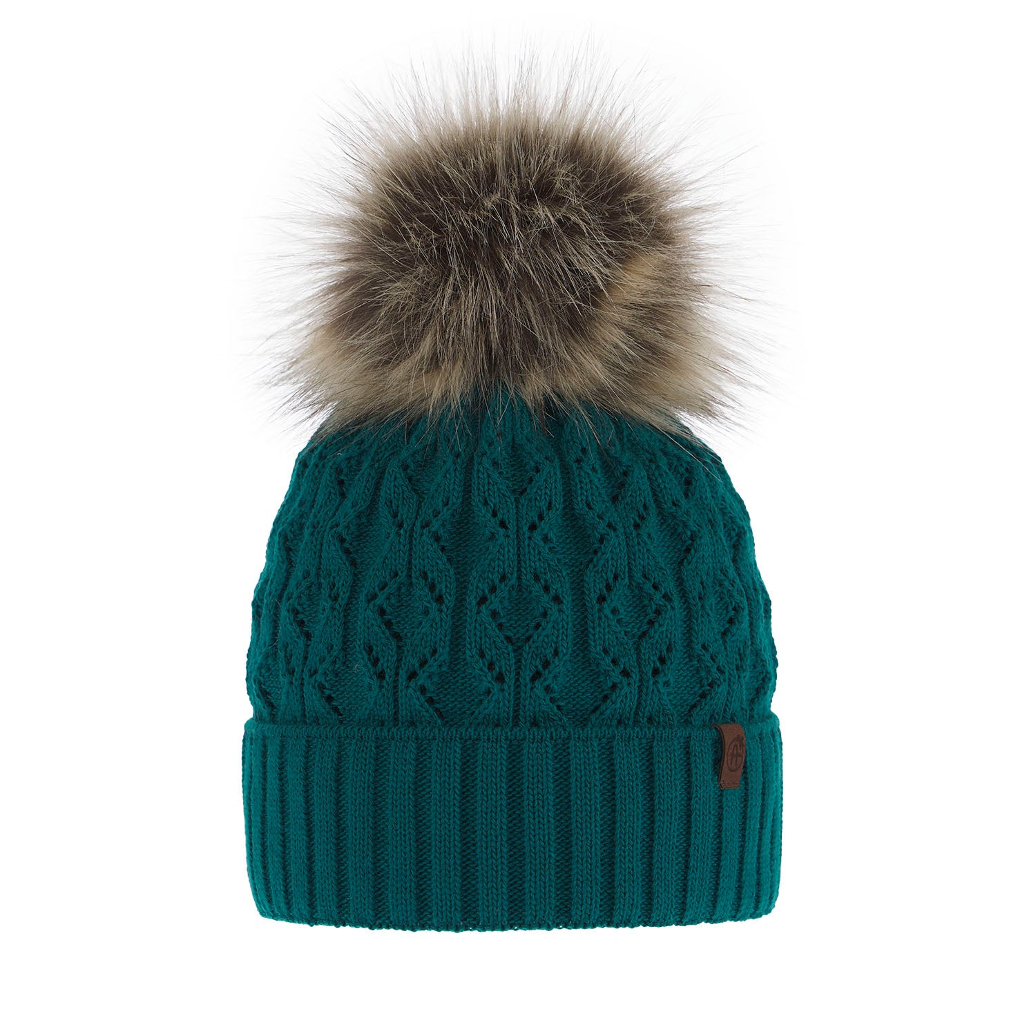 Caciula verde inchis din lana merinos, tricotata cu model impletit si pompon pufos.
