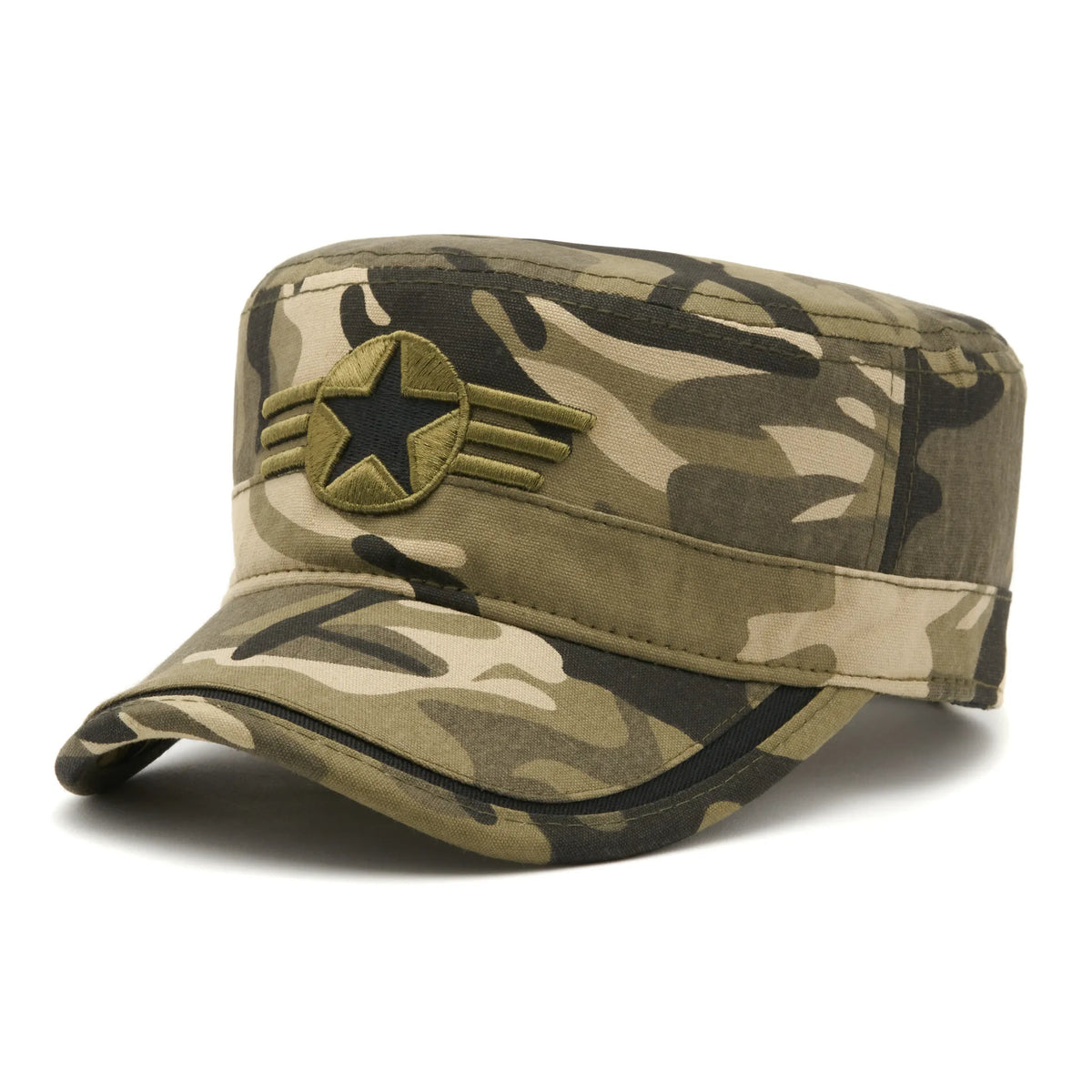 Șapcă bărbați militară, field cammo star, bumbac, model camuflaj cu stea militară, mărime universală, cataramă reglabilă, bandă anti-transpirație.