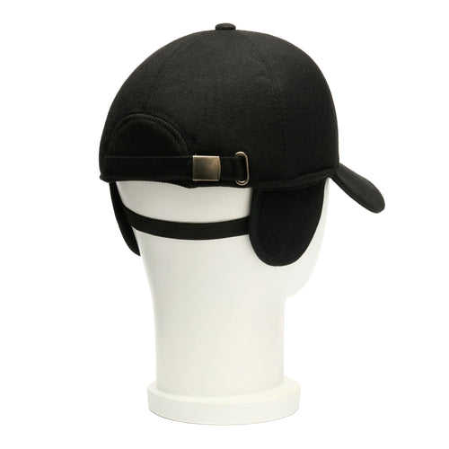 Șapcă iarnă bărbați, din stofă, cu urechi, model Black Style, profil, urechi desfăcute.