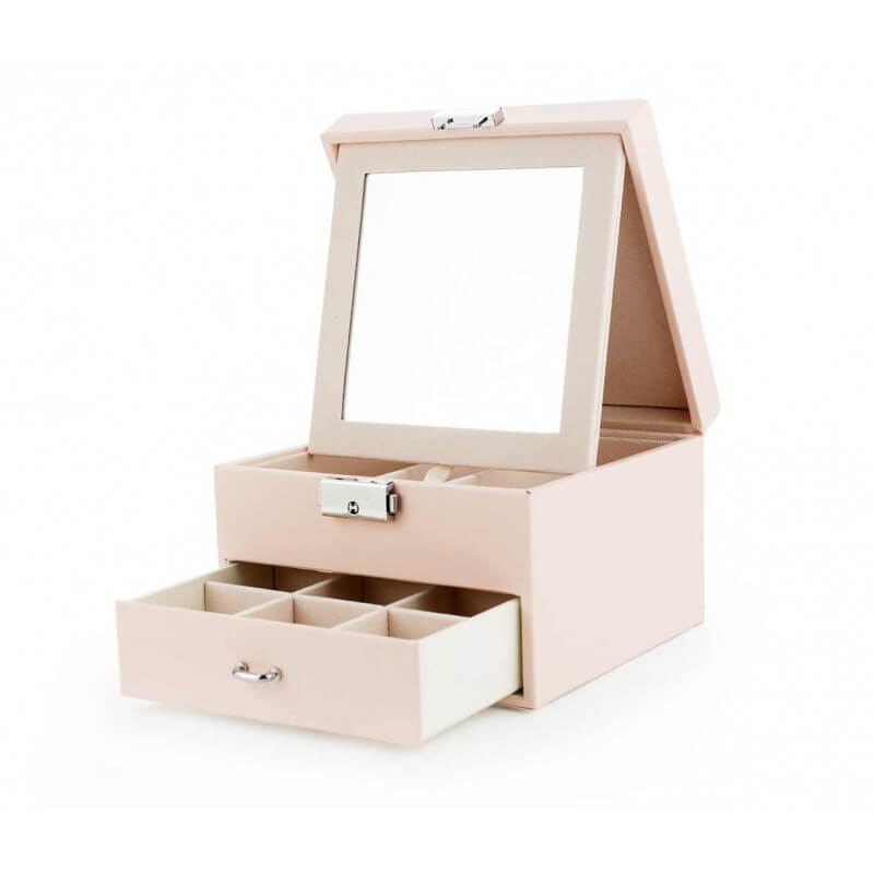 Cutie de bijuterii Prestige de culoare roz, cu oglindă pliabilă, compartiment tip sertar și mecanism de închidere cu cheie.