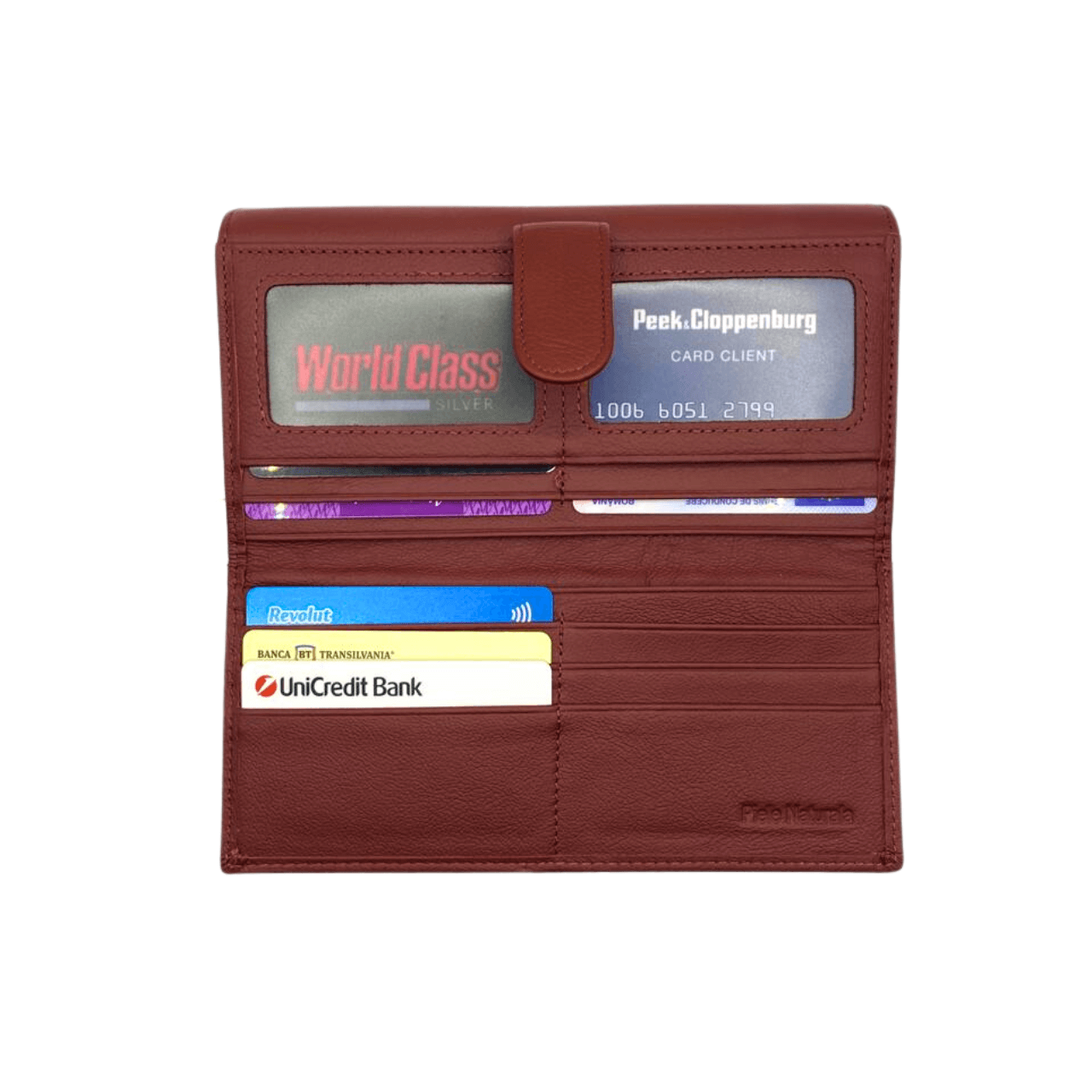 Compartimentele portofelului pentru carduri și documente personale.